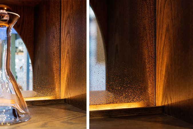 back lit wood bar shelving