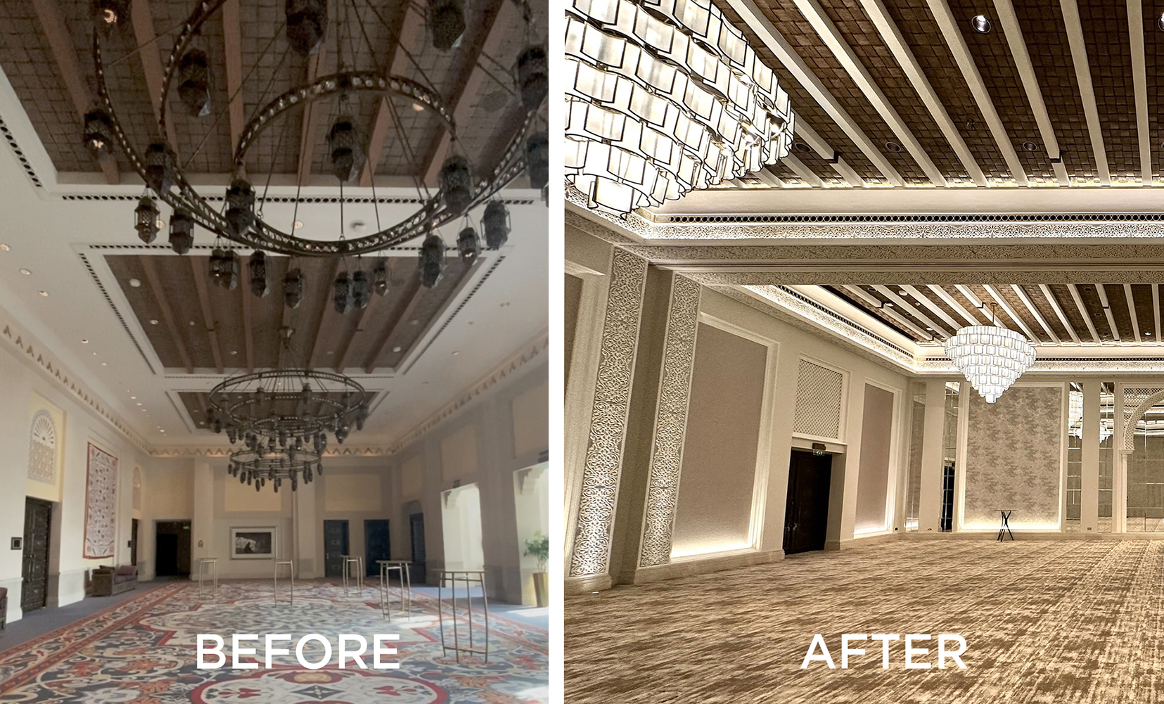 Before and after of ballroom refurbishment with chandeliers and lighting details