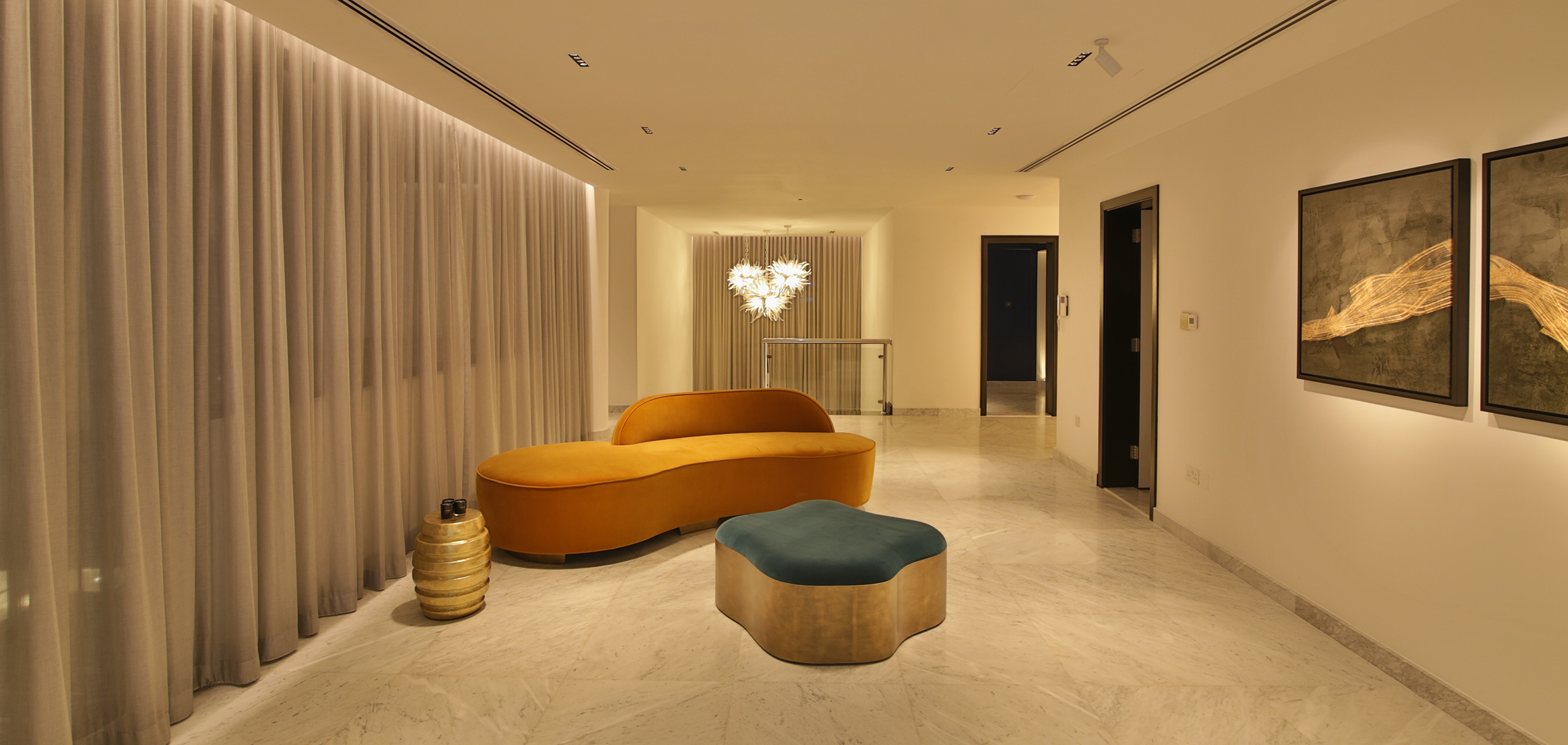 interactive lighting showroom with curtains and sofas