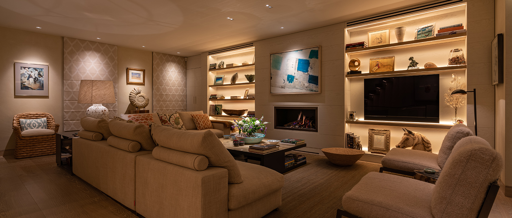 front lighting of shelving in living room