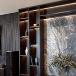 dark wood shelving unit with integrated lighting