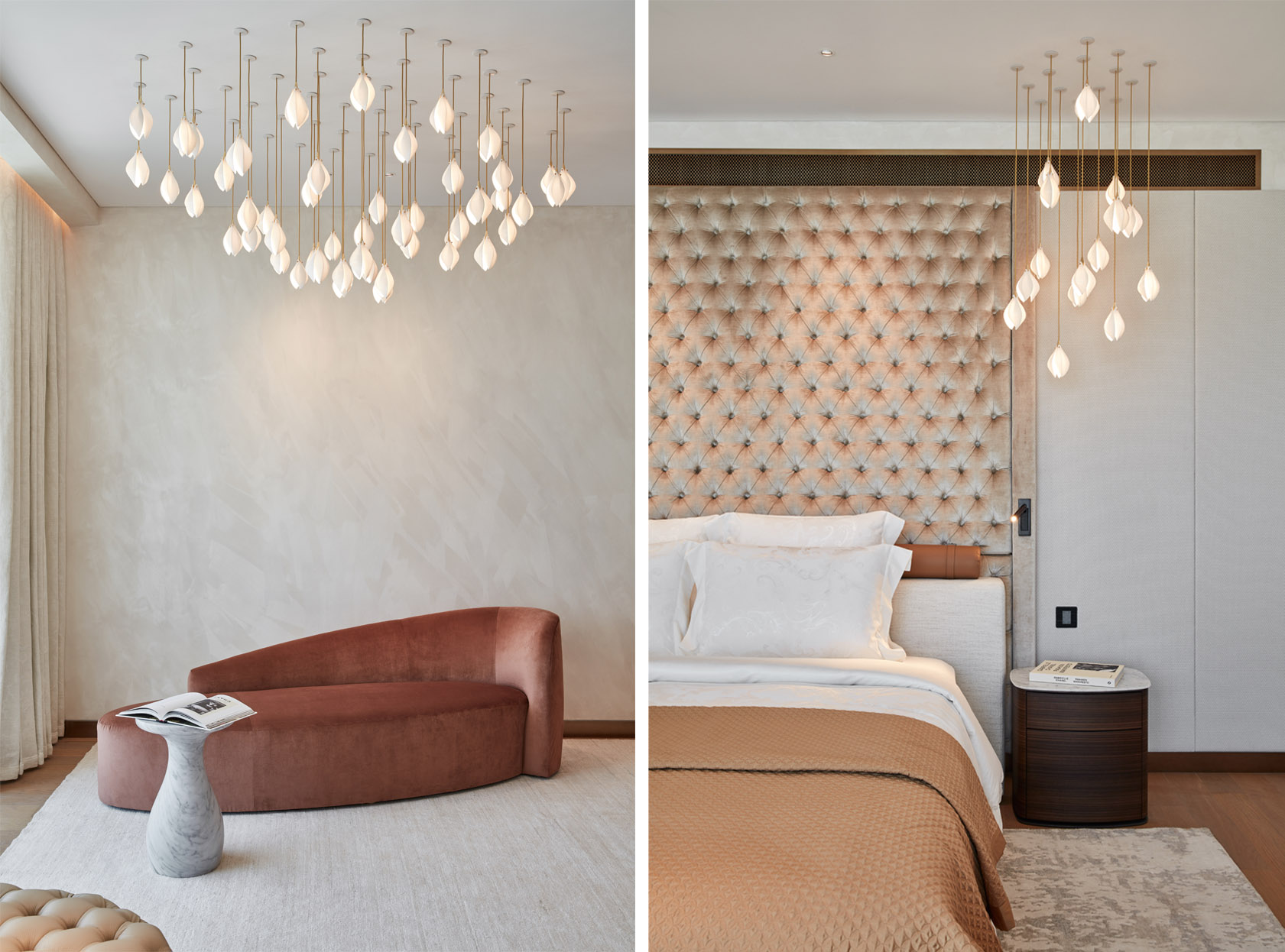 stunning pendants above seating and bedside