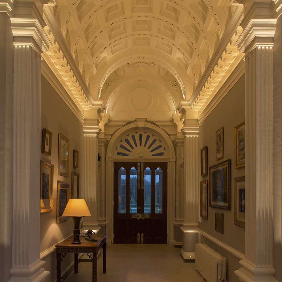 heritage hall with lighting to architectural features