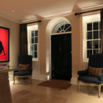 a hall with red art and a layered lighting scheme
