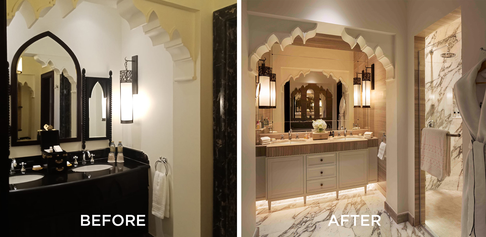 before the refurbishment of the bathroom and after with the lighting changed