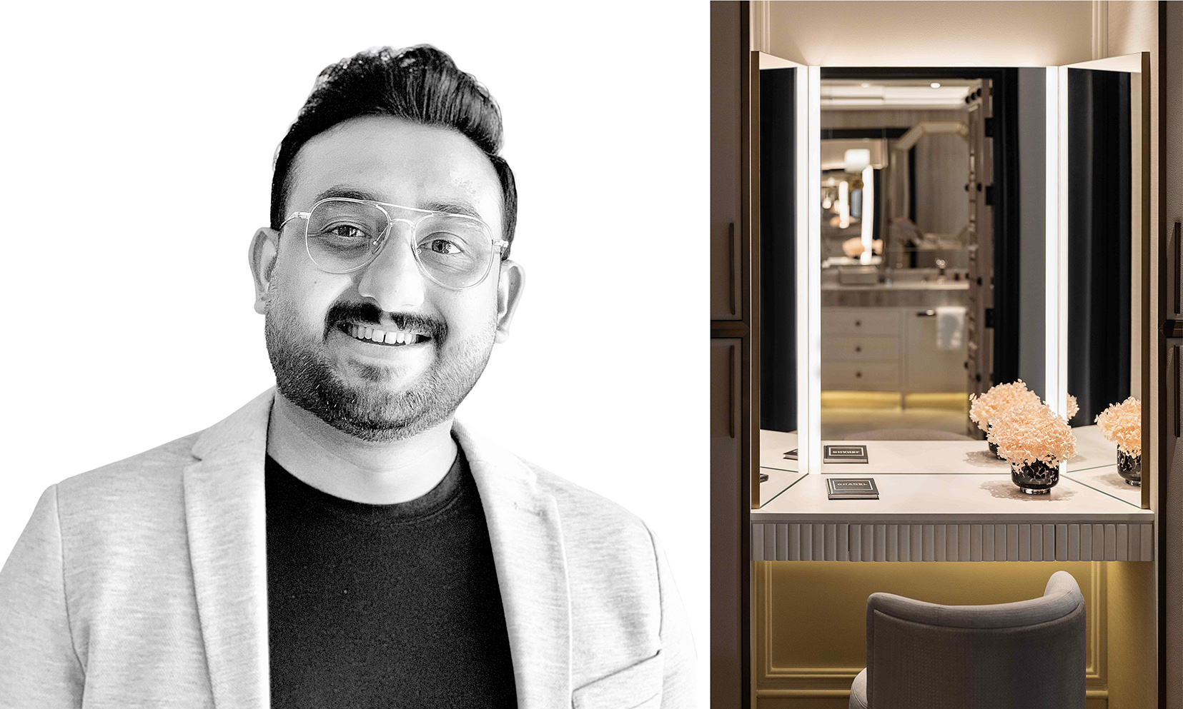 lighting designer suraj alongside image of lighting in dressing room
