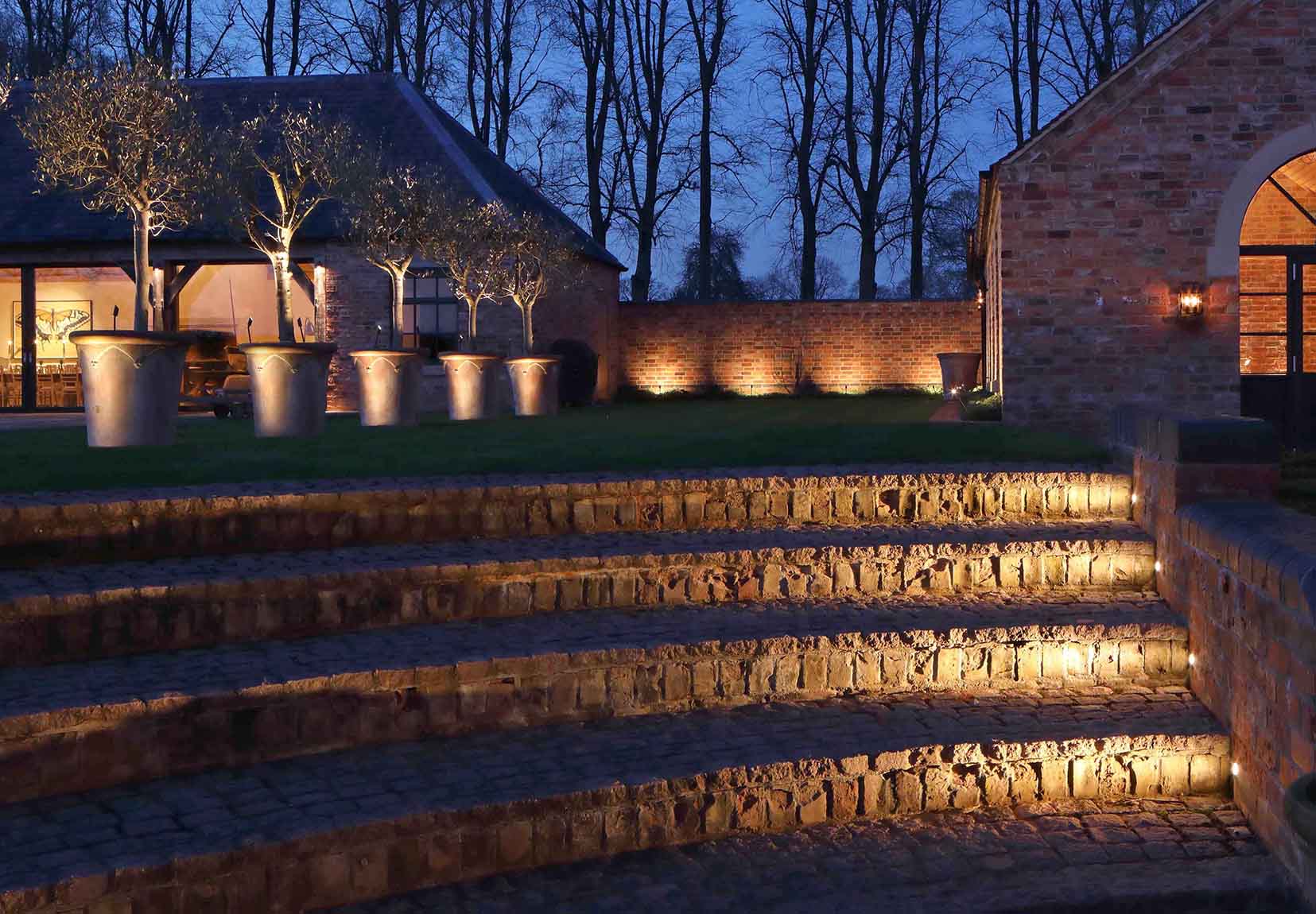 lighitng of curved steps with uplit pots behind