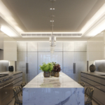 layered kitchen lighting in marble kitchen