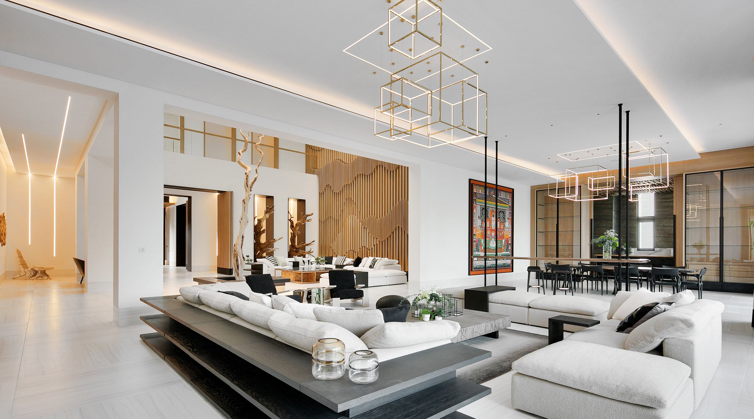 large open plan contemporary space with pendant and ceiling coffer