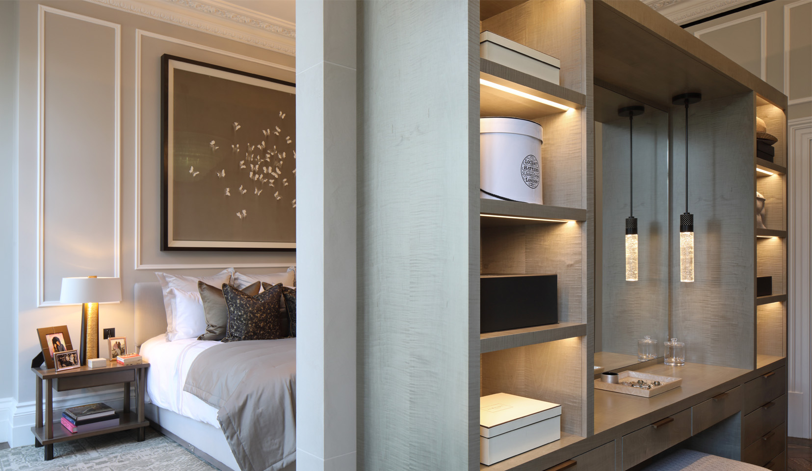 Bedroom with divider wall dresser area with lit shelves