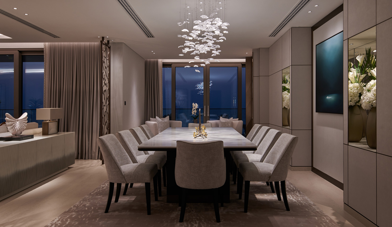 Dining table with hanging chandelier