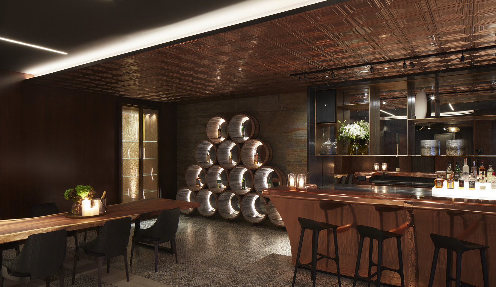 backlit whisky barrells in bar area of Dubai villa