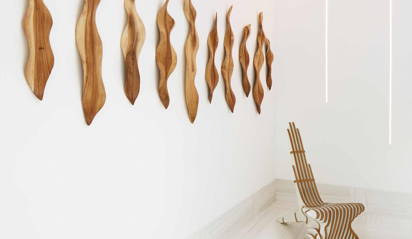 Minimalistic white room with wooden artwork on walls and linear strip lines of light on far wall