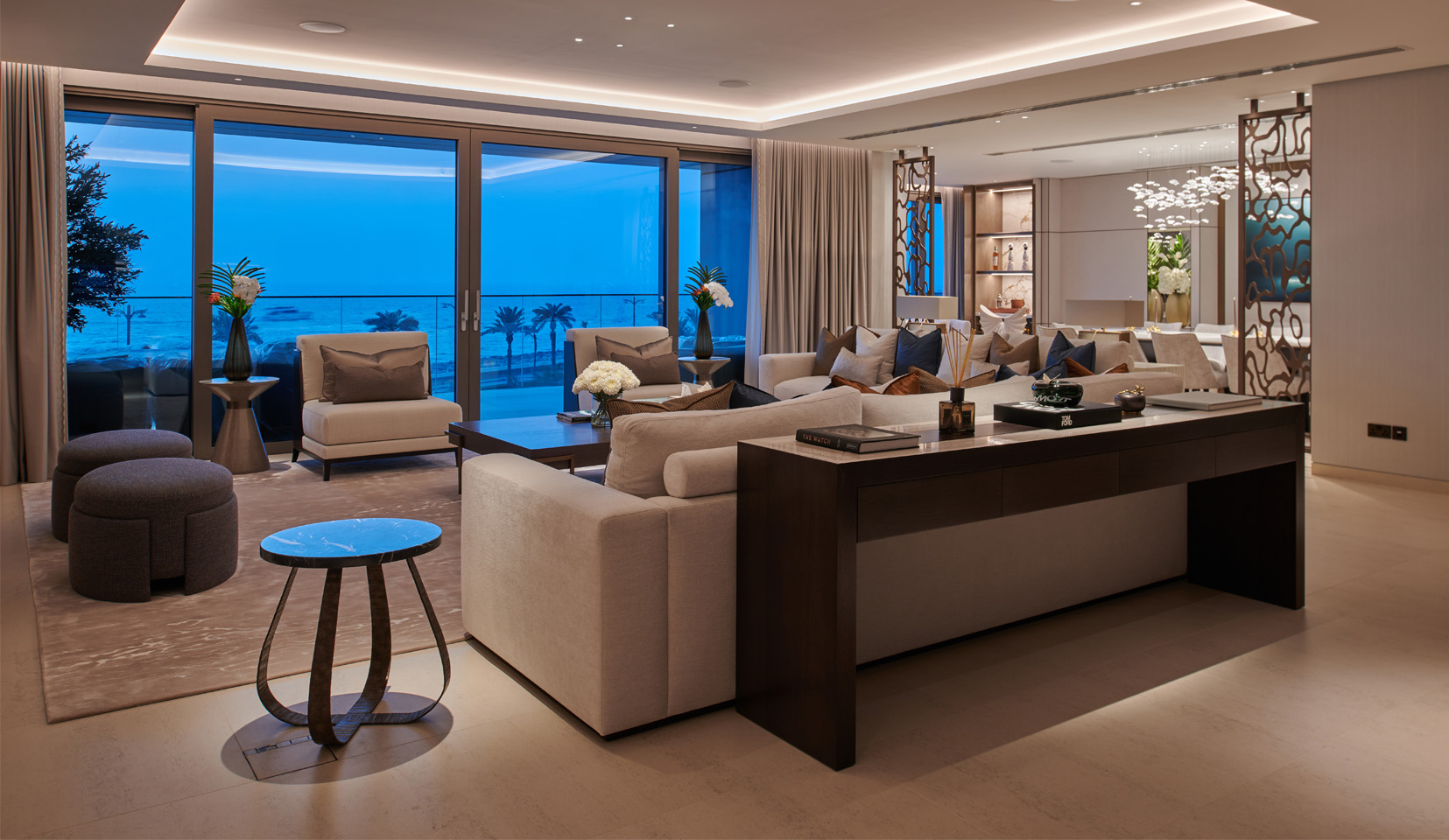 Living area with coffer light in ceiling