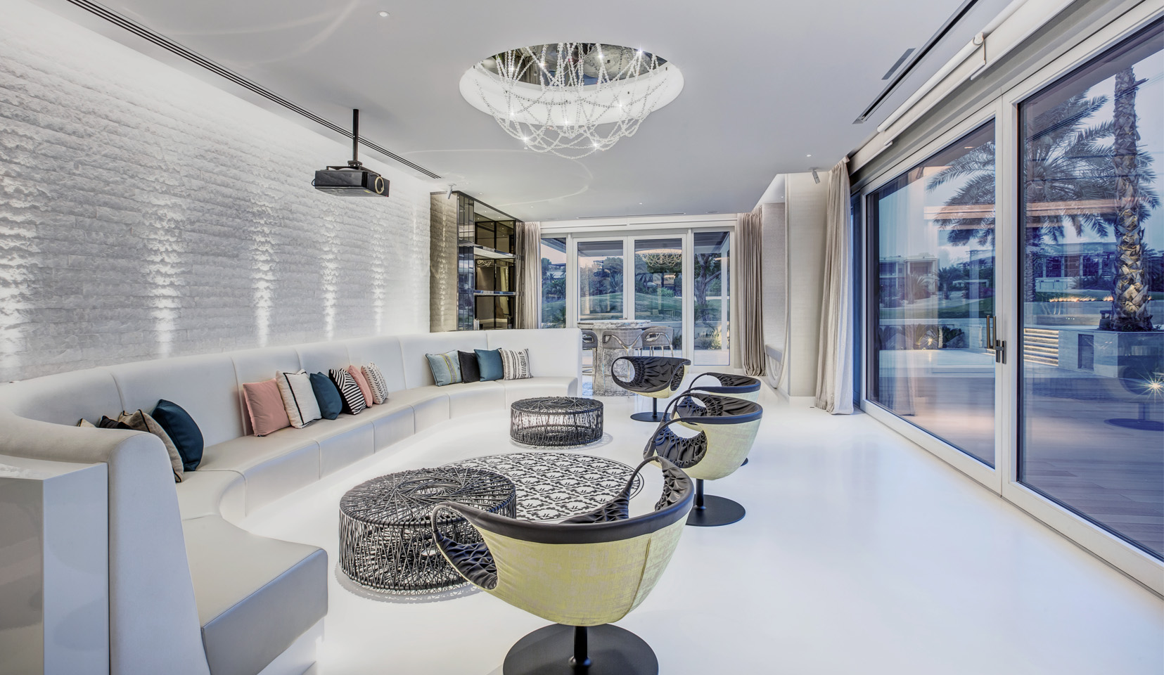 Pool house with under seat linear lighting