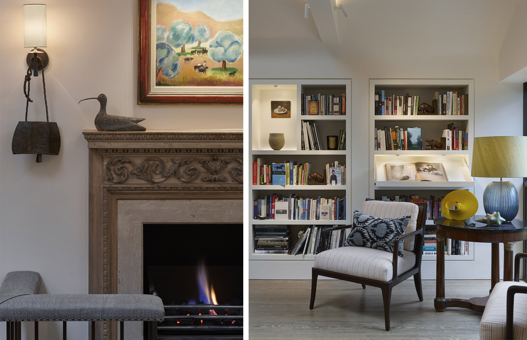 Shelving and seating area with lighting to bookcases
