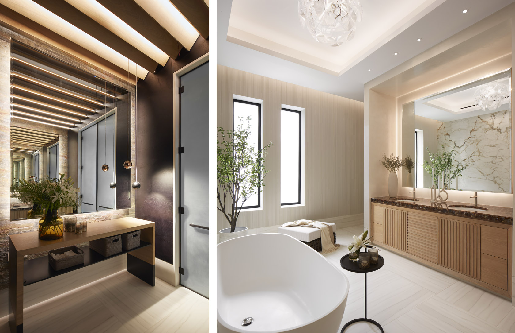 Bathrooms in Dubai villa with dramatic ceiling detail lighting