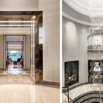 Dramatic hallway shot in villa with hanging chandelier and linear lit doorway