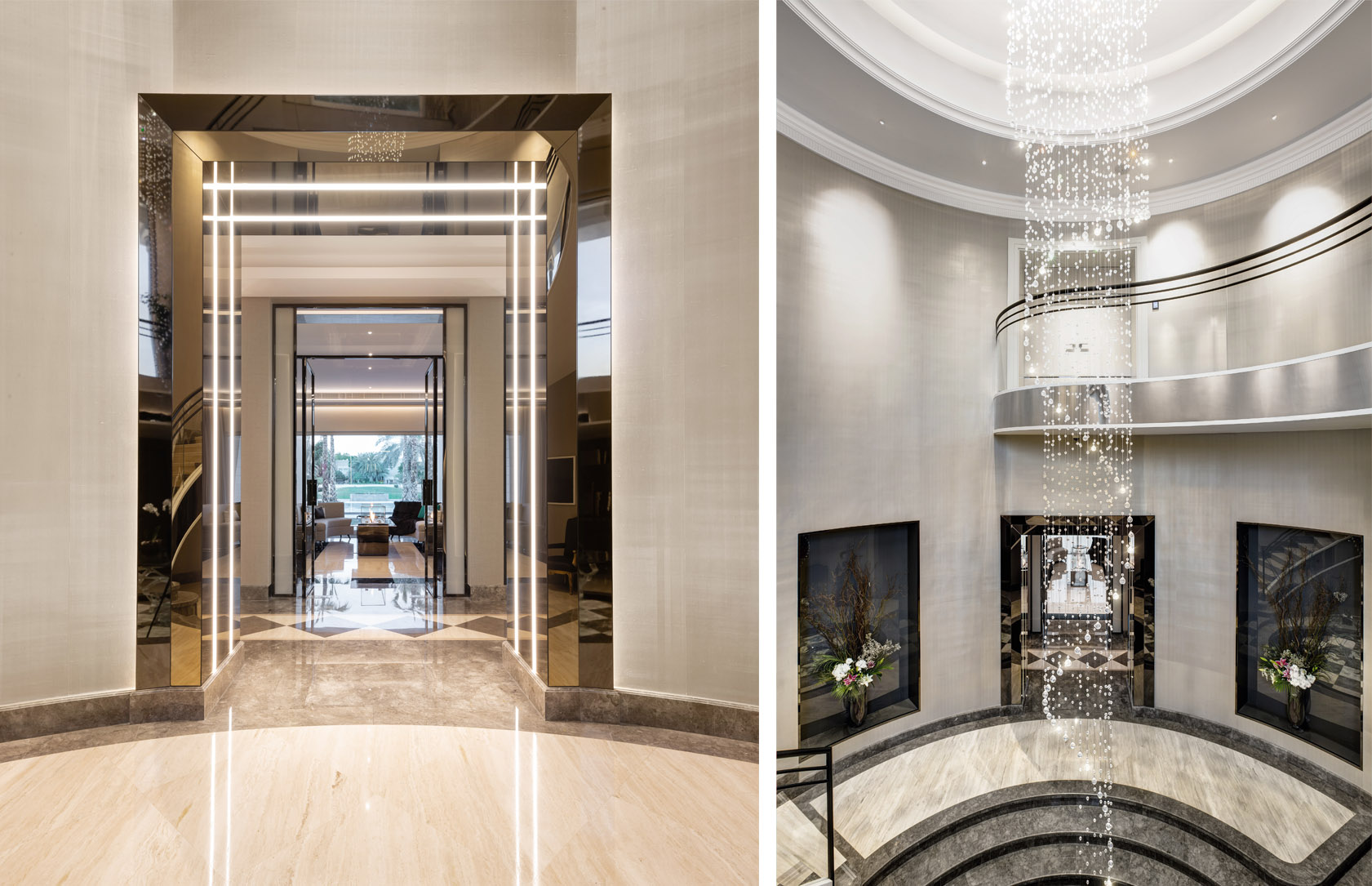 Dramatic hallway shot in villa with hanging chandelier and linear lit doorway