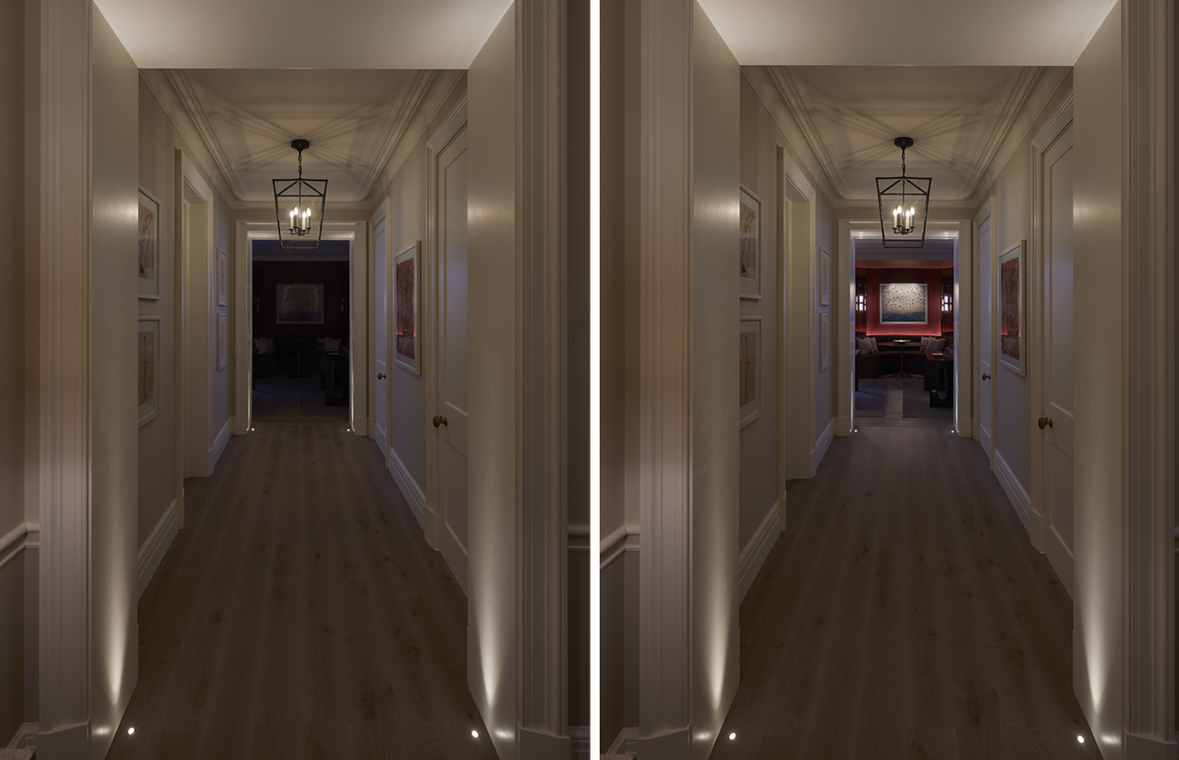 hallway lit with uplights and downlighters leading through to red games room