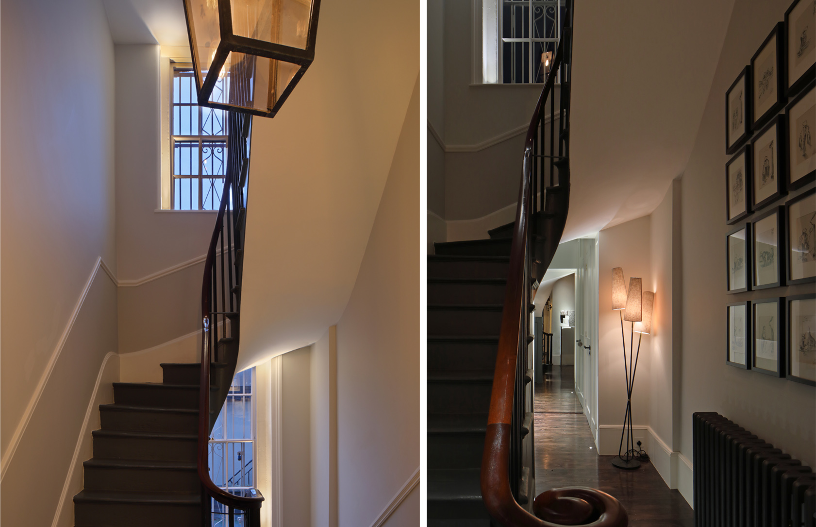 Two views of elegant staircase with uplight to windows and view own hallway to lit object