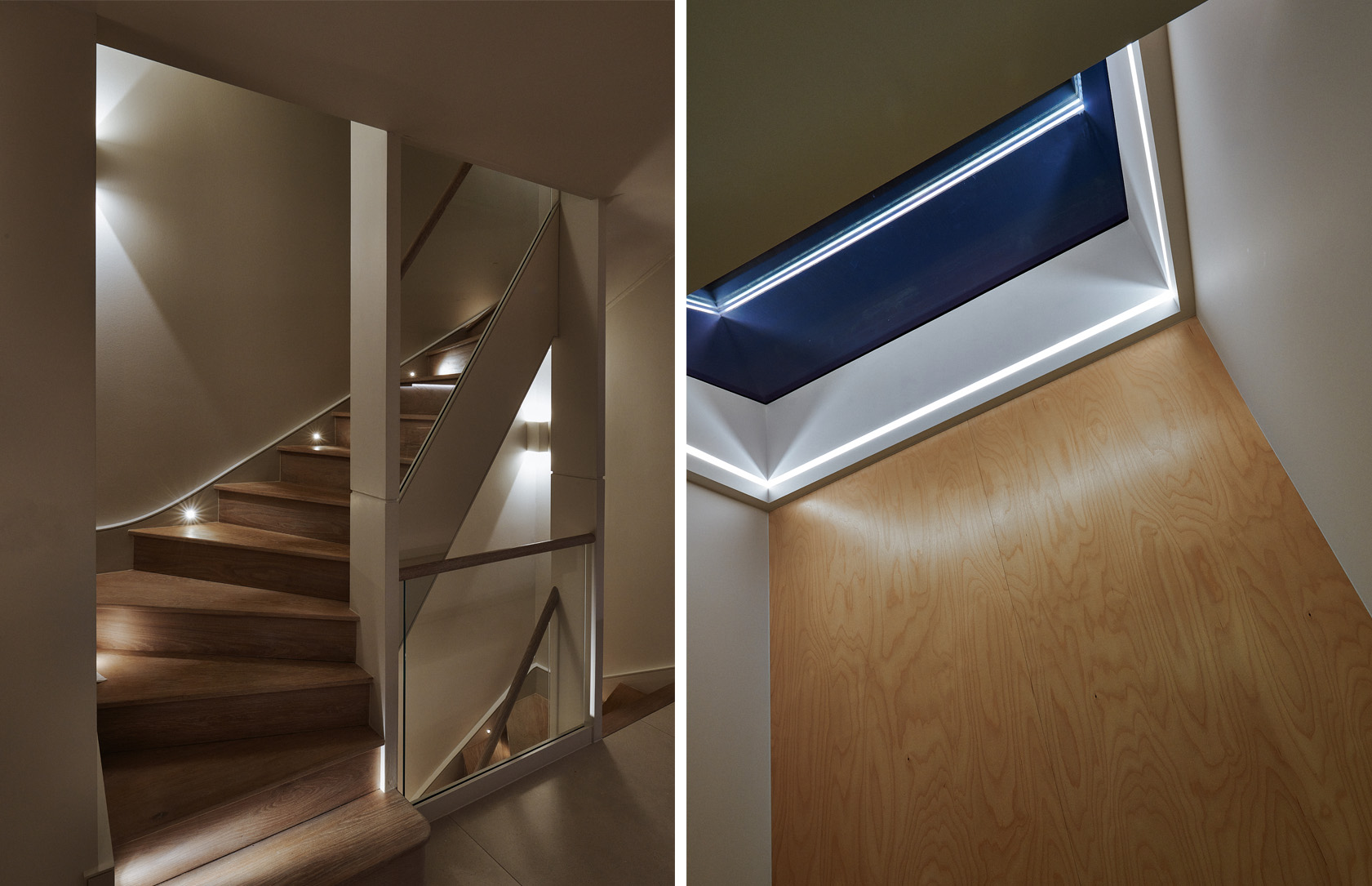 staircase lit with step lights across each tread and skylight lit with linear LED strip