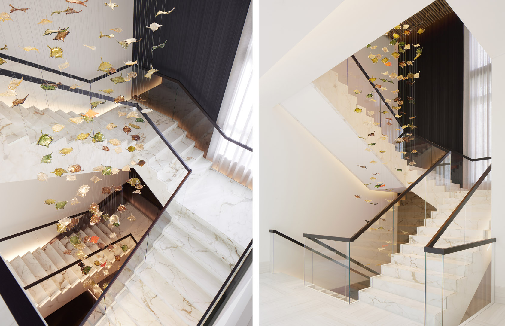 dramatic staircase with hanging glass pendant chanelier, supported by architecural downlights