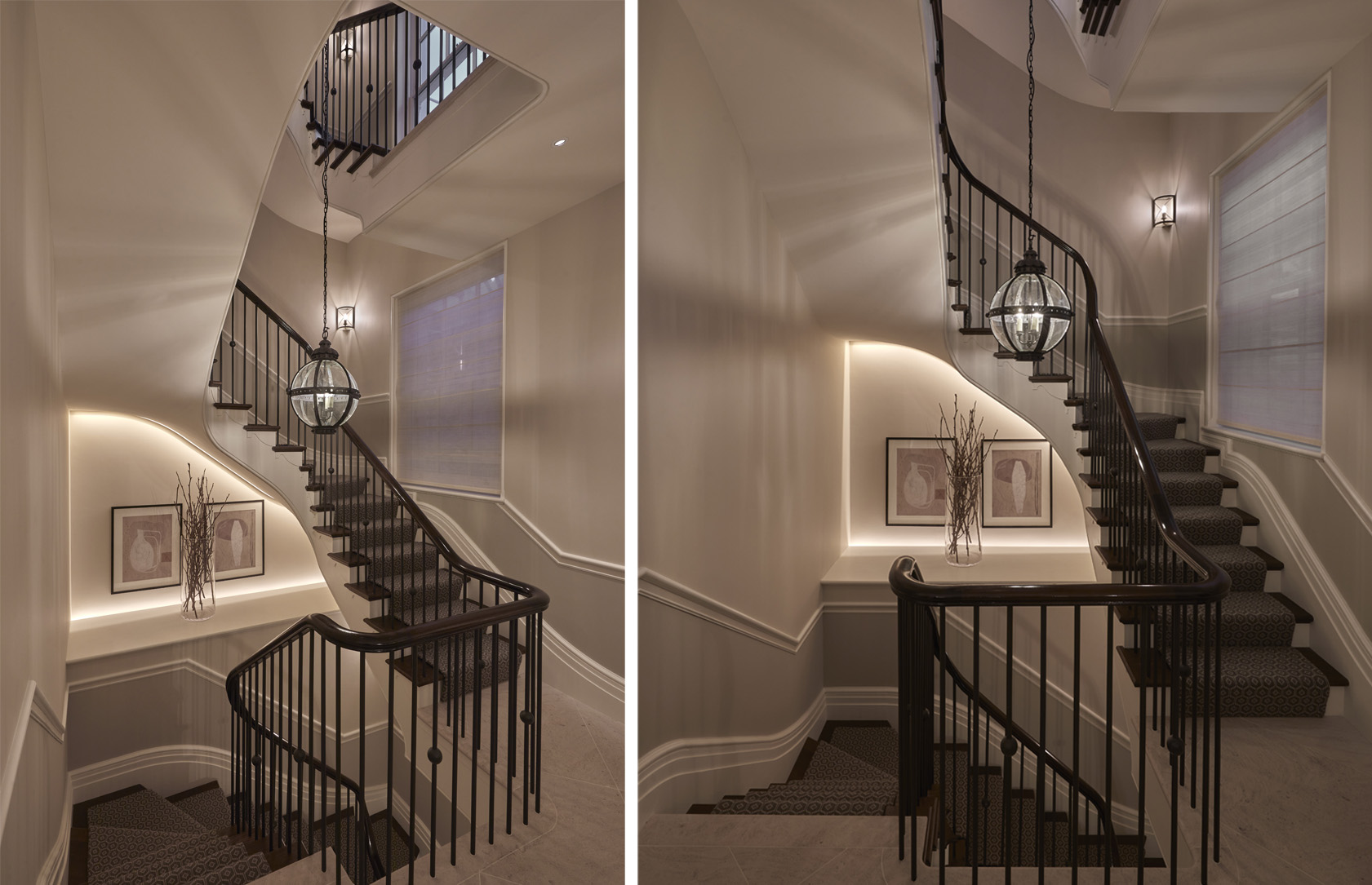 spiral staircase down centre of house with linear light under curve of stairs