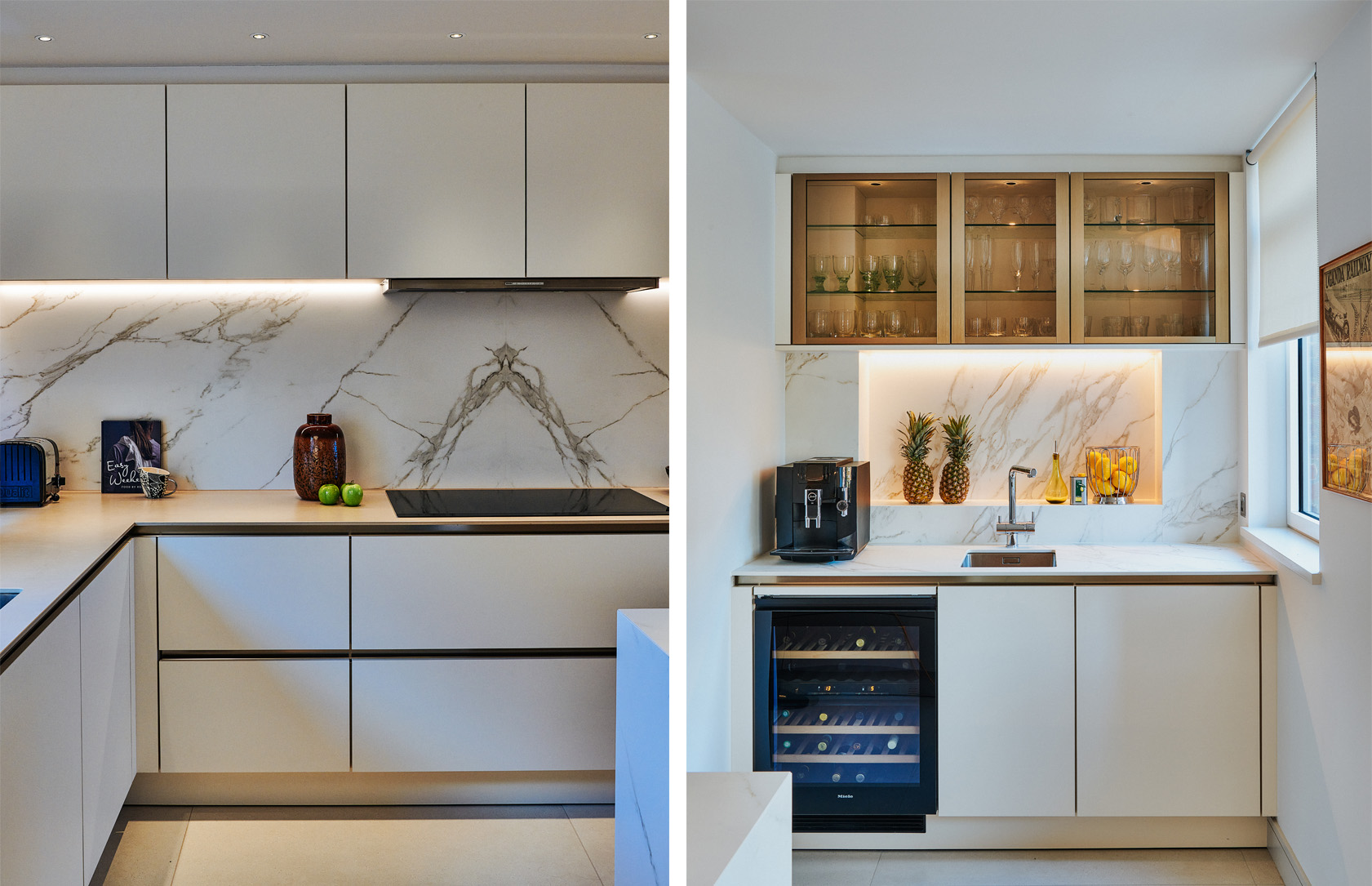 Marble white kitchen with lit niche detail