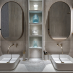Double basins with mirrors and joinery lit in the middle