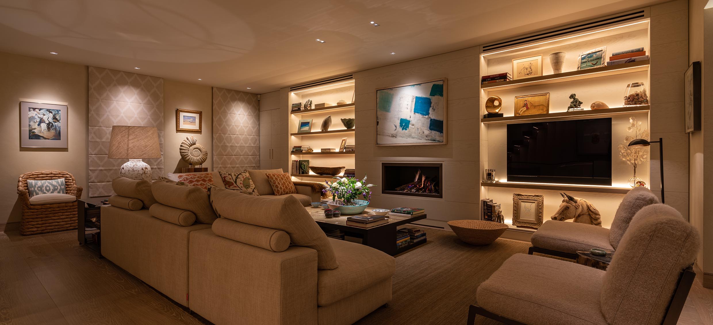 LIVING ROOM, SHELVING AND ART image