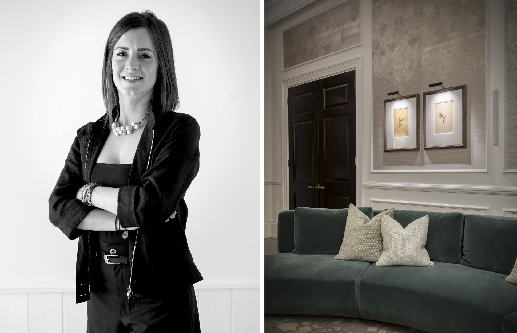EU Design Director Sabrina Fiorina and sofa with art lit from above with picture lights