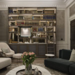 elegant living room with ceiling height joinery unit with lit shelving