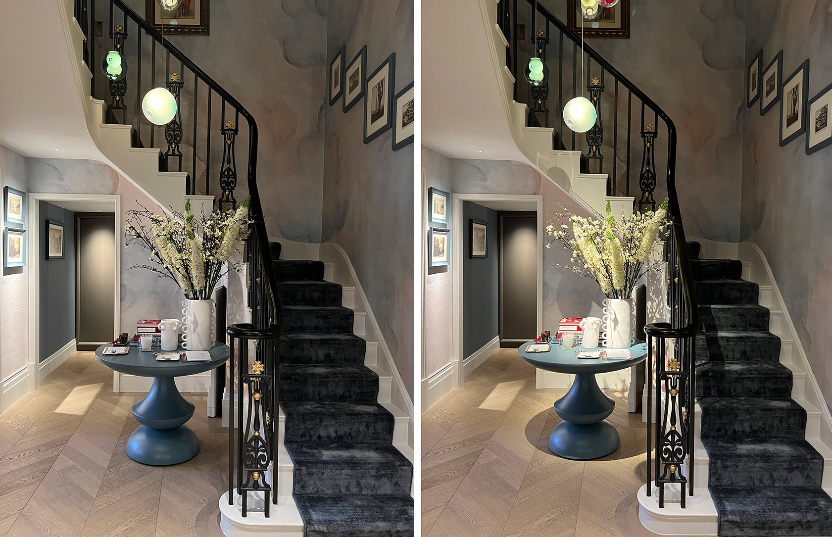 Staircase and hallway with flowers on a table