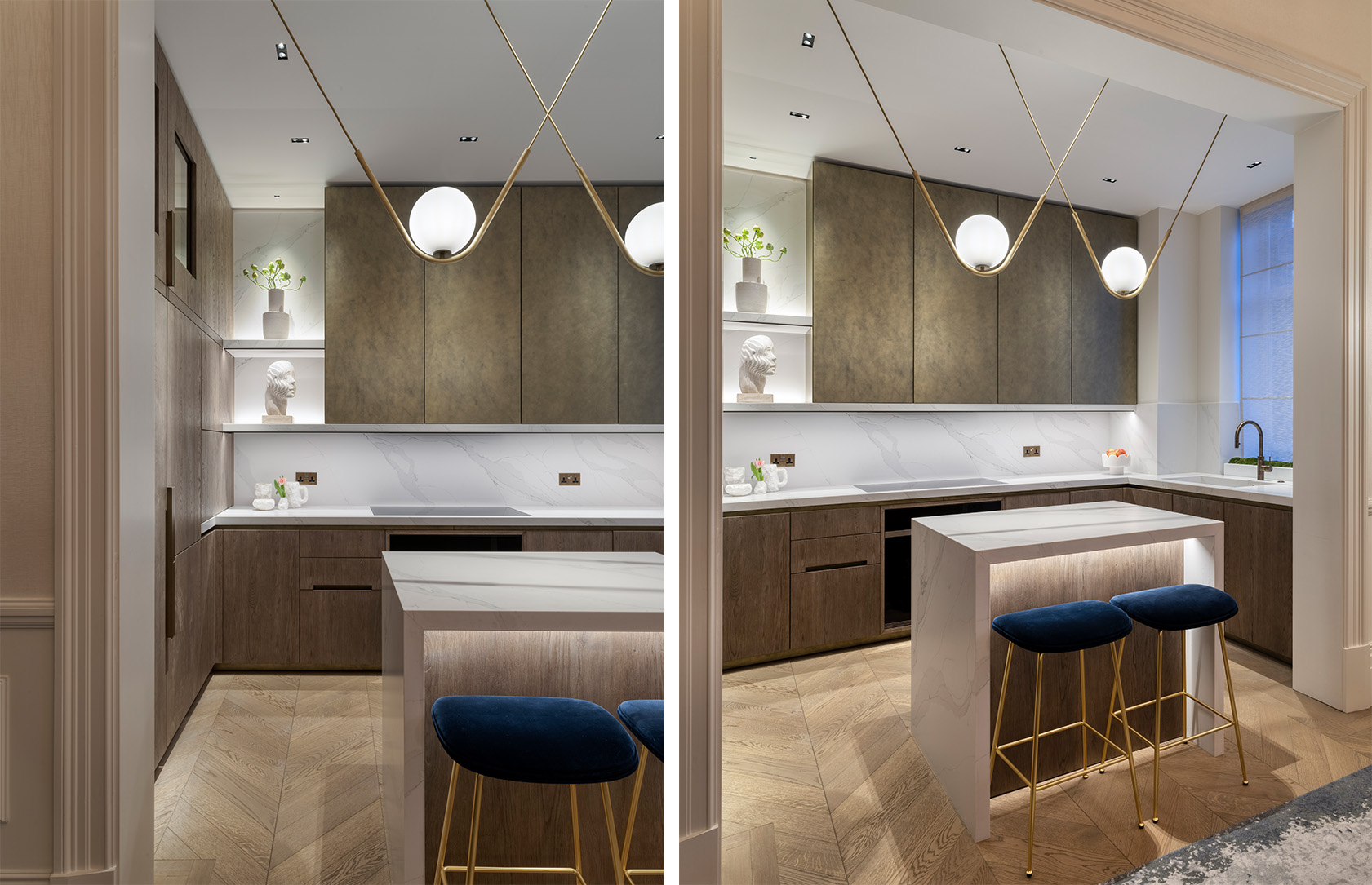 Two shots of kitchen with kitchen island lit from above with downlights and pendants