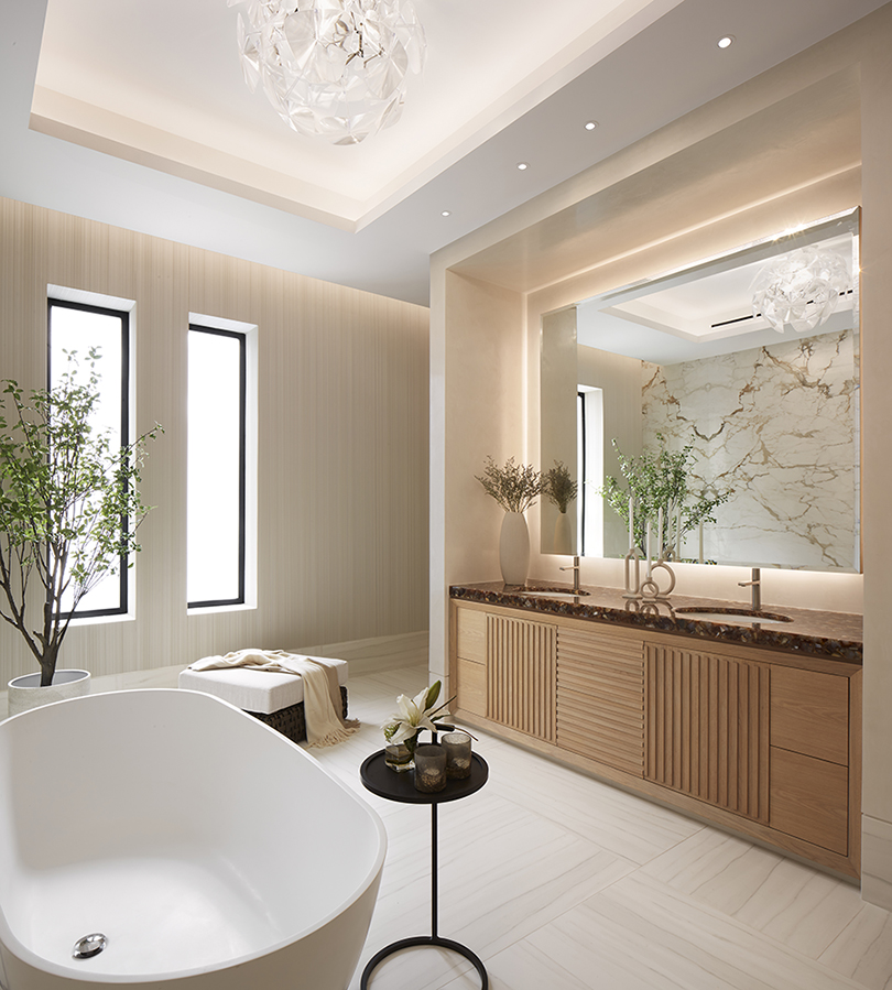 Bathroom with coffer and back lit mirror