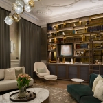 high ceilinged drawing room with uplit ceiling from lit joinery unit