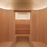 Contemporary wooden spa sauna room with linear light