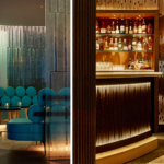 Seating area and bar in luxury hotel bar with lit bar area