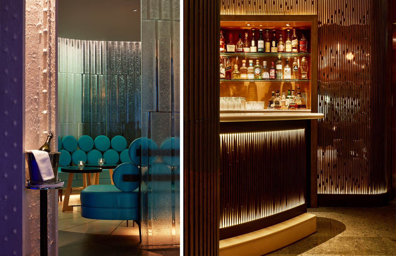 Seating area and bar in luxury hotel bar with lit bar area