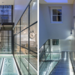 views of glass staircase and hallway