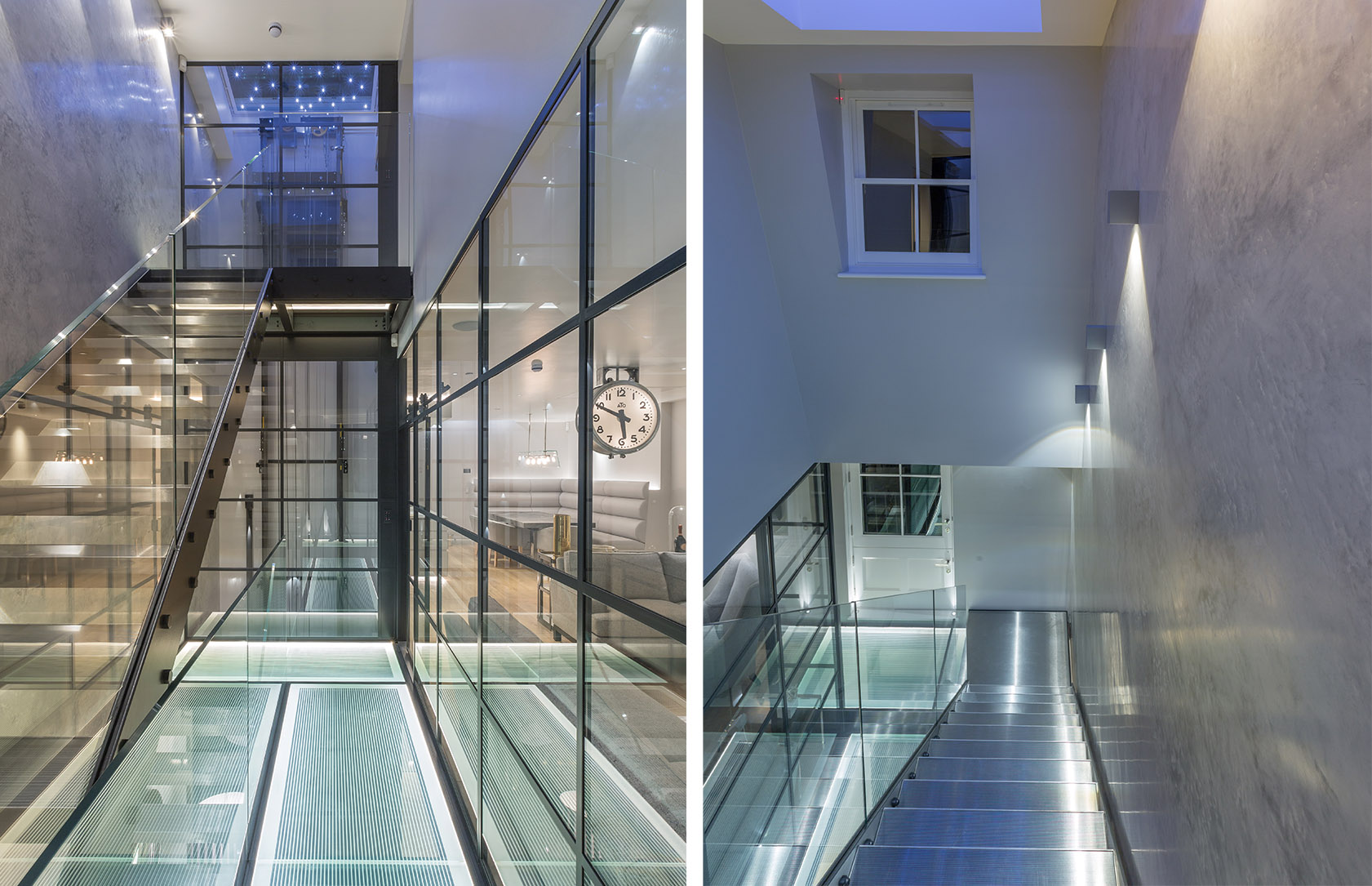 views of glass staircase and hallway