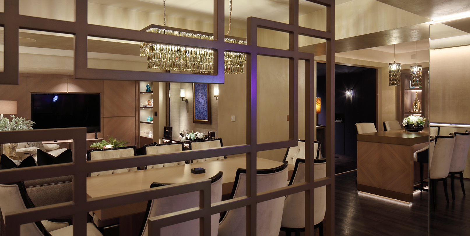 homeplay x john cullen lighting showroom in sunbury with view to bar and dining and seating areas with mood lighting
