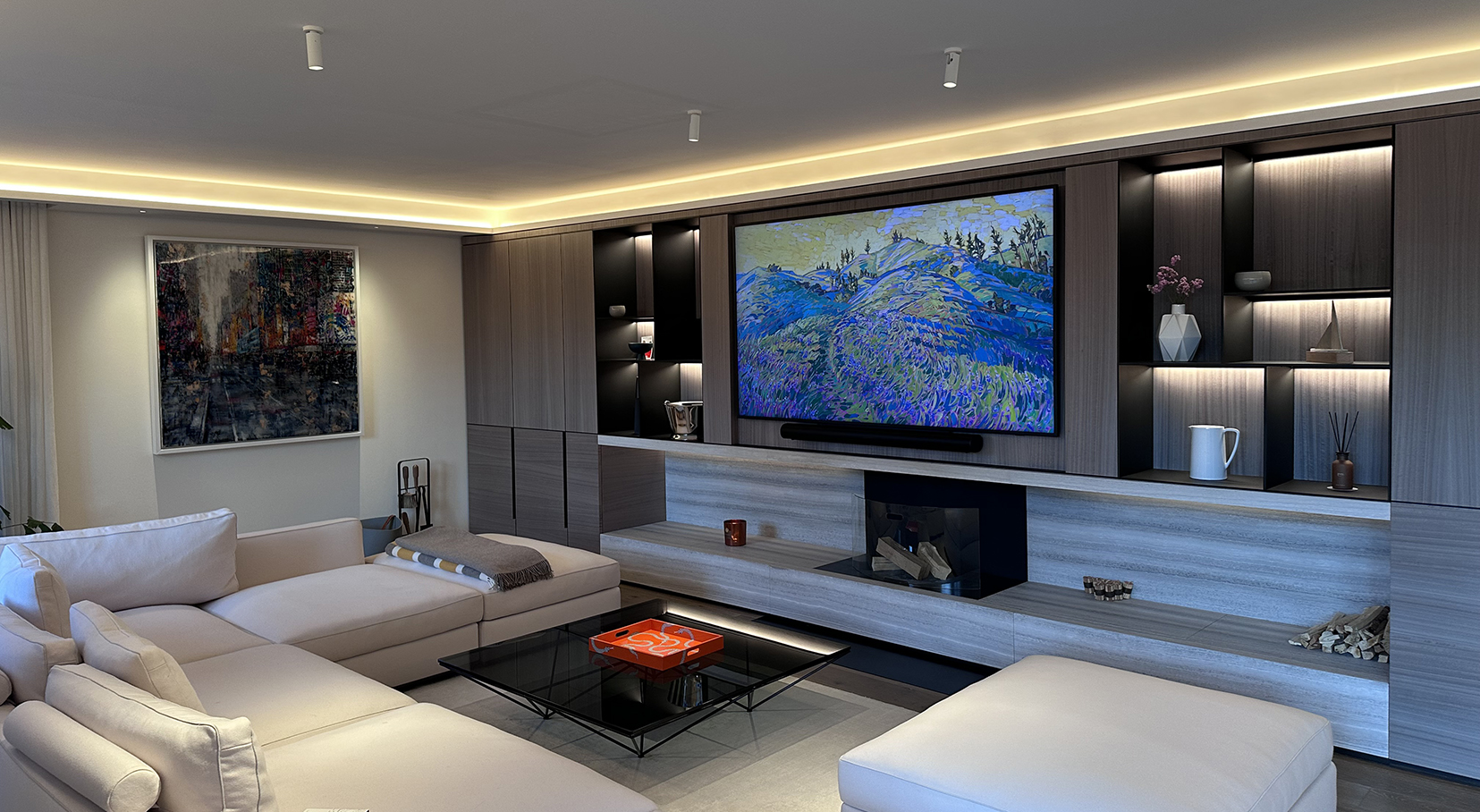 Modern living room with sleek lit joinery unit