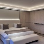 contemporary bedroom lighting with lit coffer and uplight behind bed